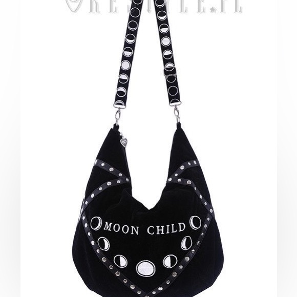 Killstar Handbags - Restyle moon child moon phase black velvet embroidered moon strap purse hobo bag